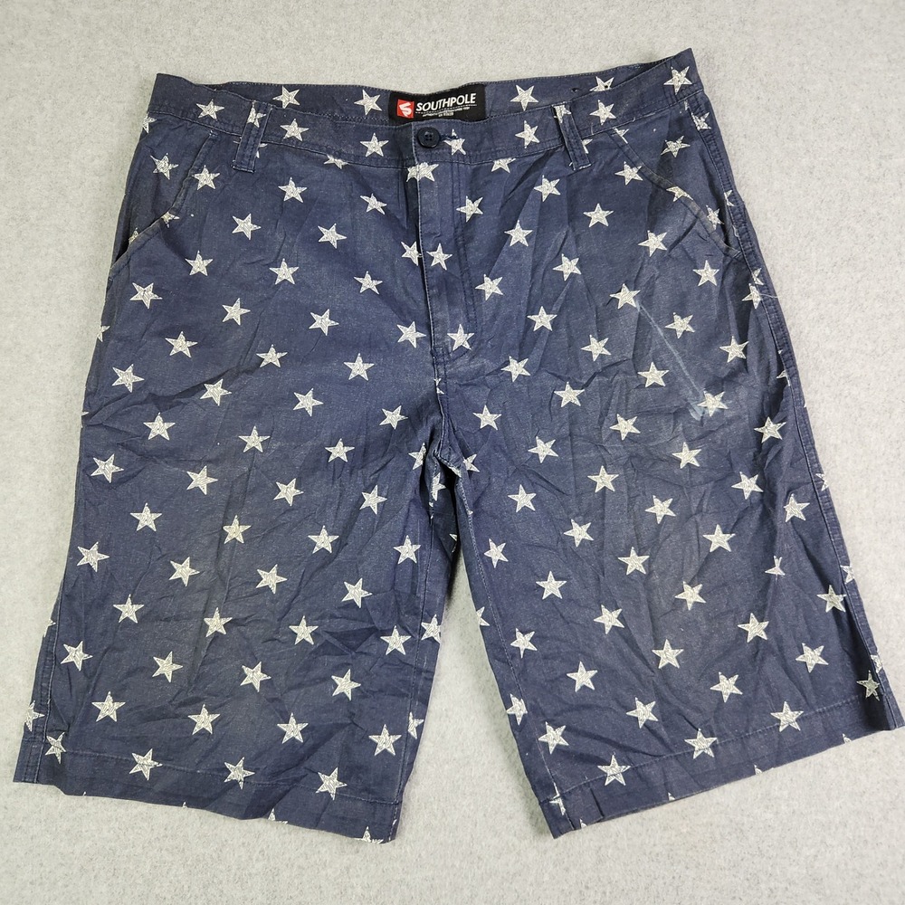 Southpole Shorts Mens 38 Blue Star Print Flat Front Casual Streetwear Americana